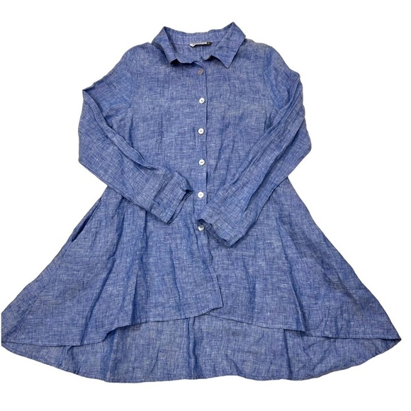 Chalet et Ceci Tops - Chalet et Ceci Women’s Medium Blue Linen Lagenlook Tunic A Line Swing Hi Lo Hem